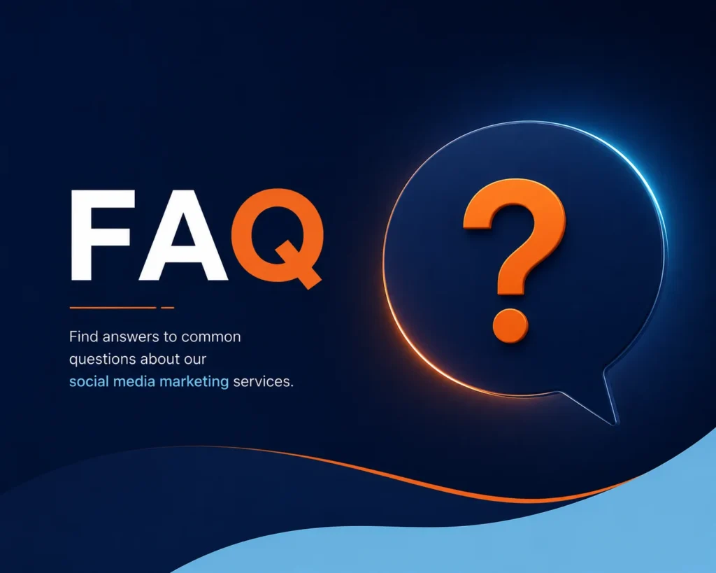 FAQ section illustration for best social media marketer in Malappuram website with clean navy blue background and orange question icon