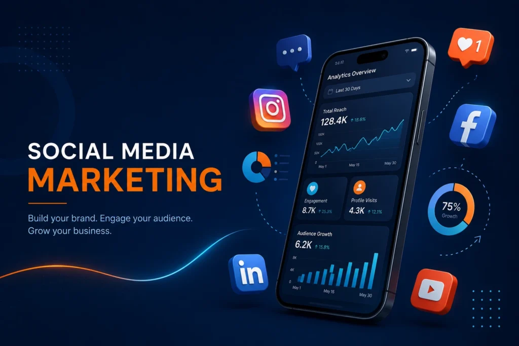 Professional social media marketing hero banner with smartphone analytics and social media icons for the best social media marketer in Malappuram website