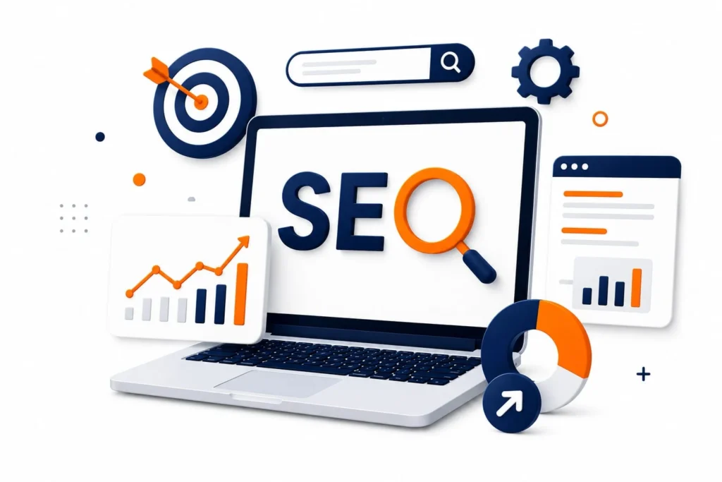 SEO illustration with laptop, search icon, analytics dashboard, and growth charts representing the best SEO expert in Malappuram.
